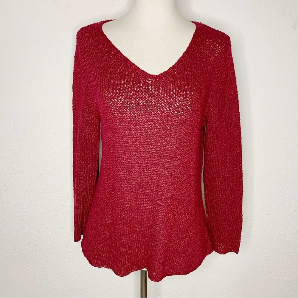 Eileen Fisher Crochet Knit Italian Yarn Red V-Neck Sweater Size Small